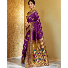 Mayawye Women's Silk Blend Paithani Saree With Unstitched Blouse 5.5Mtr (Purple)
