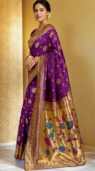 Mayawye Women's Silk Blend Paithani Saree With Unstitched Blouse 5.5Mtr (Purple)