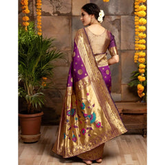 Mayawye Women's Silk Blend Paithani Saree With Unstitched Blouse 5.5Mtr (Purple)