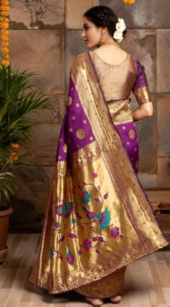 Mayawye Women's Silk Blend Paithani Saree With Unstitched Blouse 5.5Mtr (Purple)