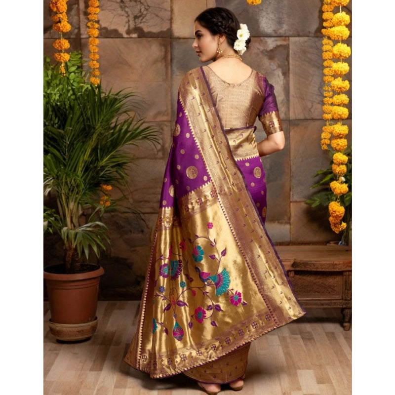 Mayawye Women's Silk Blend Paithani Saree With Unstitched Blouse 5.5Mtr (Purple)