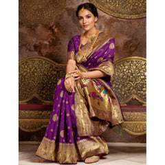 Mayawye Women's Silk Blend Paithani Saree With Unstitched Blouse 5.5Mtr (Purple)