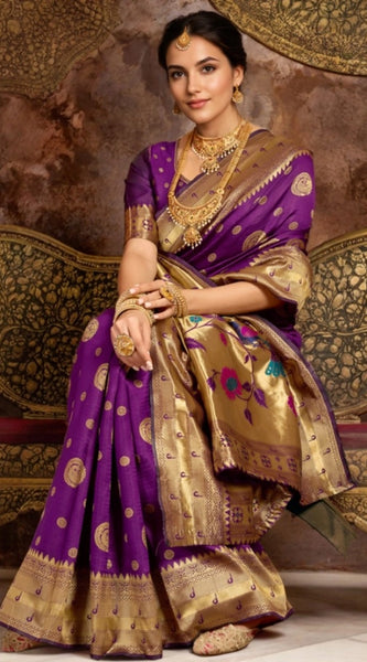 Mayawye Women's Silk Blend Paithani Saree With Unstitched Blouse 5.5Mtr (Purple)