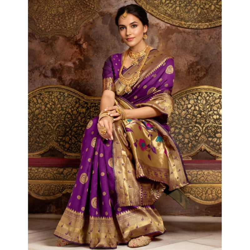 Mayawye Women's Silk Blend Paithani Saree With Unstitched Blouse 5.5Mtr (Purple)