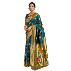 Mayawye Women's Silk Blend Paithani Saree With Unstitched Blouse 5.5Mtr (Teal)