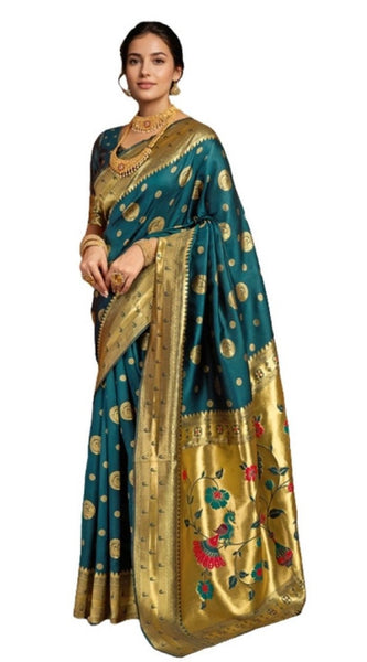 Mayawye Women's Silk Blend Paithani Saree With Unstitched Blouse 5.5Mtr (Teal)