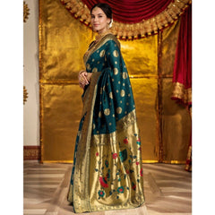 Mayawye Women's Silk Blend Paithani Saree With Unstitched Blouse 5.5Mtr (Teal)