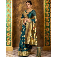 Mayawye Women's Silk Blend Paithani Saree With Unstitched Blouse 5.5Mtr (Teal)