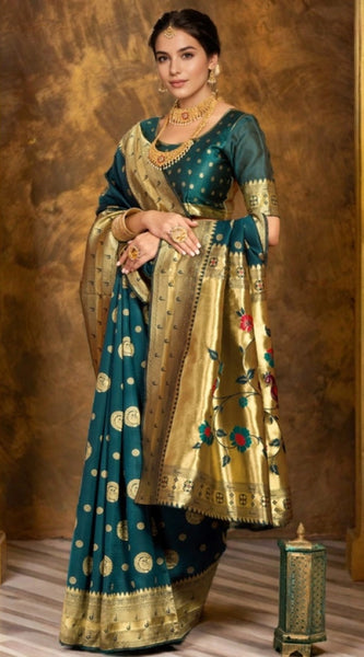 Mayawye Women's Silk Blend Paithani Saree With Unstitched Blouse 5.5Mtr (Teal)