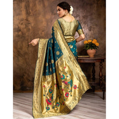 Mayawye Women's Silk Blend Paithani Saree With Unstitched Blouse 5.5Mtr (Teal)