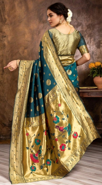Mayawye Women's Silk Blend Paithani Saree With Unstitched Blouse 5.5Mtr (Teal)