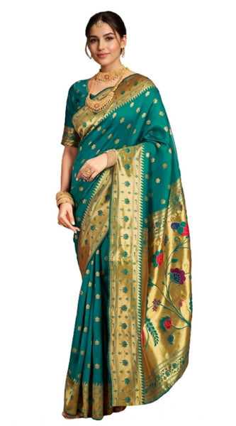 Mayawye Women's Silk Blend Woven Saree With Unstitched Blouse 5.5Mtr (Green)
