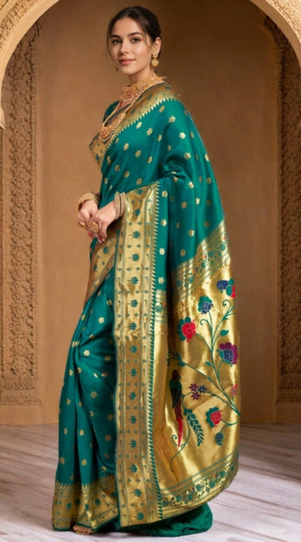 Mayawye Women's Silk Blend Woven Saree With Unstitched Blouse 5.5Mtr (Green)