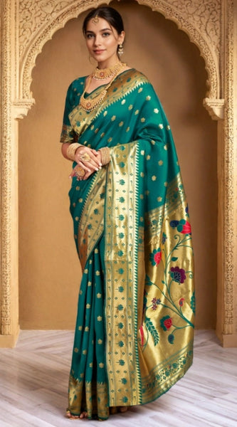Mayawye Women's Silk Blend Woven Saree With Unstitched Blouse 5.5Mtr (Green)