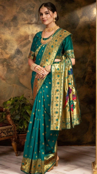 Mayawye Women's Silk Blend Woven Saree With Unstitched Blouse 5.5Mtr (Green)