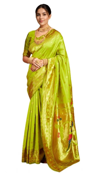 Mayawye Women's Silk Blend Woven Saree With Unstitched Blouse 5.5Mtr (Lime-Green)