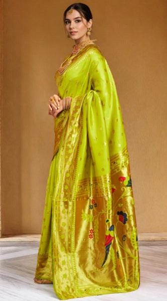 Mayawye Women's Silk Blend Woven Saree With Unstitched Blouse 5.5Mtr (Lime-Green)