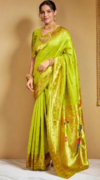 Mayawye Women's Silk Blend Woven Saree With Unstitched Blouse 5.5Mtr (Lime-Green)