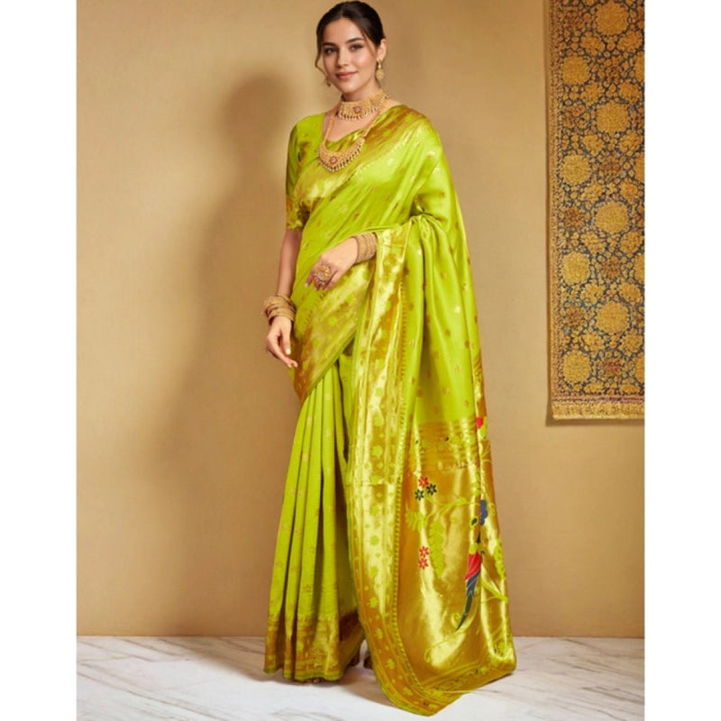 Mayawye Women's Silk Blend Woven Saree With Unstitched Blouse 5.5Mtr (Lime-Green)