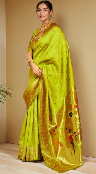 Mayawye Women's Silk Blend Woven Saree With Unstitched Blouse 5.5Mtr (Lime-Green)