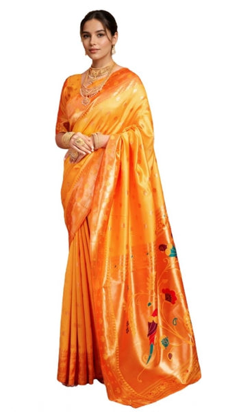 Mayawye Women's Silk Blend Woven Saree With Unstitched Blouse 5.5Mtr (Orange)