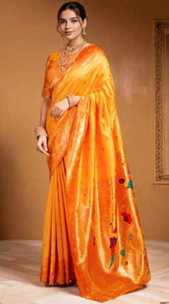 Mayawye Women's Silk Blend Woven Saree With Unstitched Blouse 5.5Mtr (Orange)