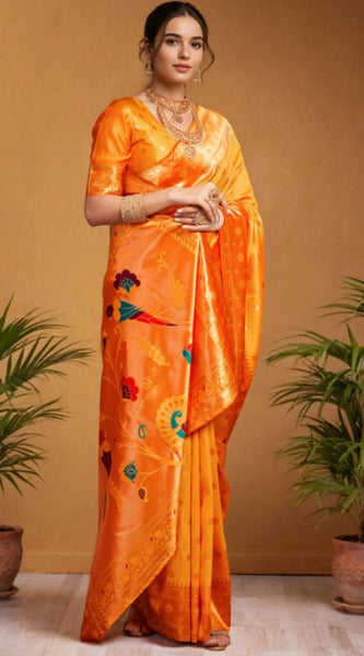 Mayawye Women's Silk Blend Woven Saree With Unstitched Blouse 5.5Mtr (Orange)