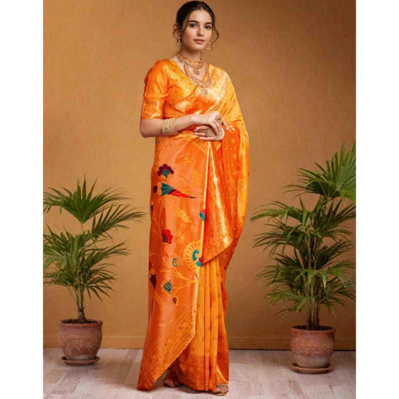 Mayawye Women's Silk Blend Woven Saree With Unstitched Blouse 5.5Mtr (Orange)