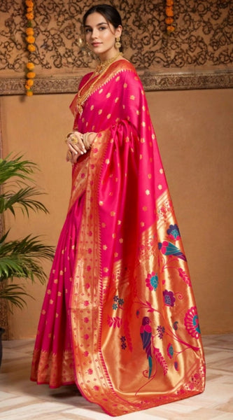Mayawye Women's Silk Blend Woven Saree With Unstitched Blouse 5.5Mtr (Pink)