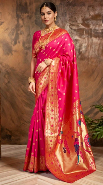 Mayawye Women's Silk Blend Woven Saree With Unstitched Blouse 5.5Mtr (Pink)
