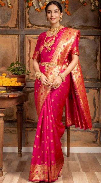 Mayawye Women's Silk Blend Woven Saree With Unstitched Blouse 5.5Mtr (Pink)