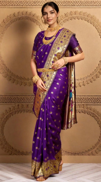 Mayawye Women's Silk Blend Woven Saree With Unstitched Blouse 5.5Mtr (Purple)