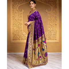 Mayawye Women's Silk Blend Woven Saree With Unstitched Blouse 5.5Mtr (Purple)