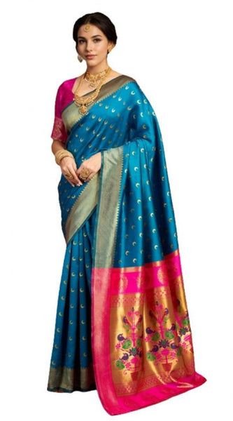 Mayawye Women's Silk Blend Zari Woven Saree With Unstitched Blouse 5.5Mtr (Aqua)