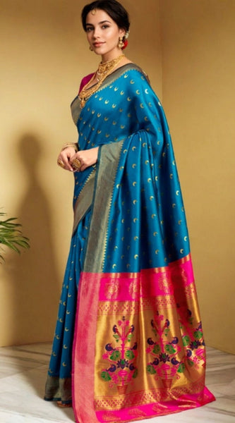 Mayawye Women's Silk Blend Zari Woven Saree With Unstitched Blouse 5.5Mtr (Aqua)