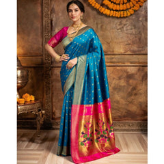 Mayawye Women's Silk Blend Zari Woven Saree With Unstitched Blouse 5.5Mtr (Aqua)