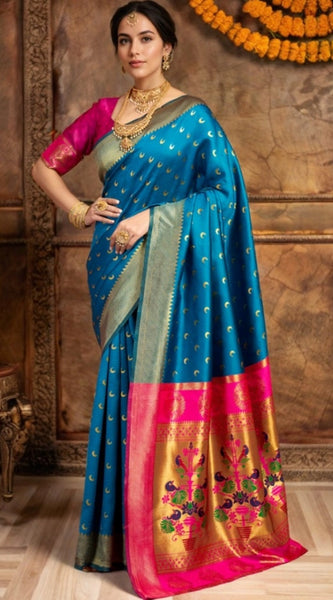 Mayawye Women's Silk Blend Zari Woven Saree With Unstitched Blouse 5.5Mtr (Aqua)