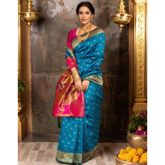 Mayawye Women's Silk Blend Zari Woven Saree With Unstitched Blouse 5.5Mtr (Aqua)
