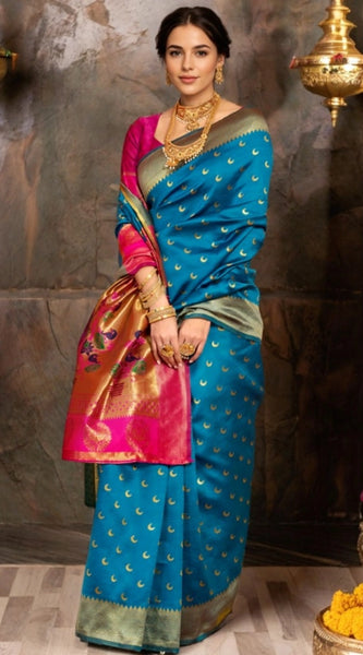 Mayawye Women's Silk Blend Zari Woven Saree With Unstitched Blouse 5.5Mtr (Aqua)