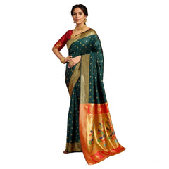 Mayawye Women's Silk Blend Zari Woven Saree With Unstitched Blouse 5.5Mtr (Dark-Green)