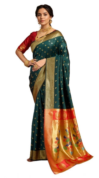 Mayawye Women's Silk Blend Zari Woven Saree With Unstitched Blouse 5.5Mtr (Dark-Green)