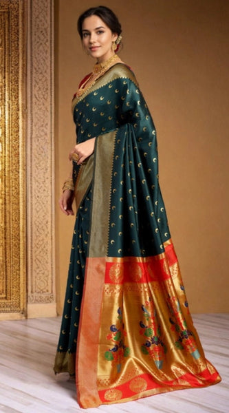 Mayawye Women's Silk Blend Zari Woven Saree With Unstitched Blouse 5.5Mtr (Dark-Green)