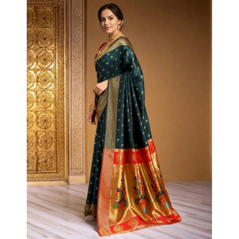 Mayawye Women's Silk Blend Zari Woven Saree With Unstitched Blouse 5.5Mtr (Dark-Green)