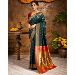 Mayawye Women's Silk Blend Zari Woven Saree With Unstitched Blouse 5.5Mtr (Dark-Green)