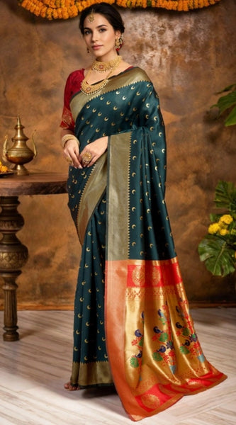 Mayawye Women's Silk Blend Zari Woven Saree With Unstitched Blouse 5.5Mtr (Dark-Green)
