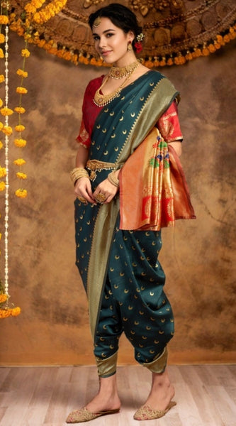 Mayawye Women's Silk Blend Zari Woven Saree With Unstitched Blouse 5.5Mtr (Dark-Green)