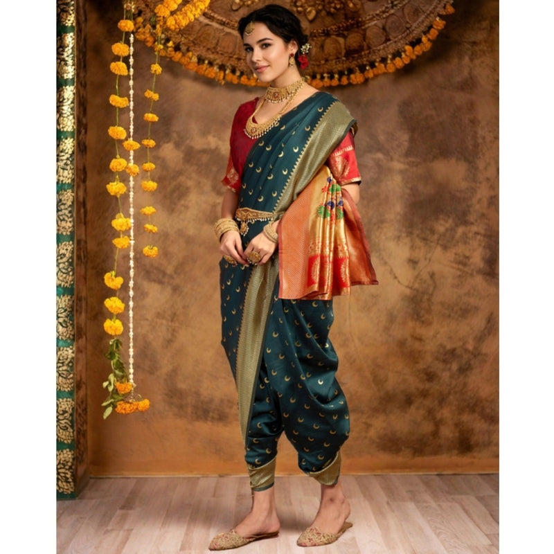 Mayawye Women's Silk Blend Zari Woven Saree With Unstitched Blouse 5.5Mtr (Dark-Green)