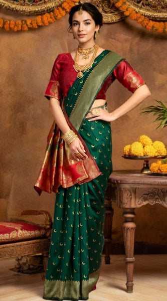 Mayawye Women's Silk Blend Zari Woven Saree With Unstitched Blouse 5.5Mtr (Green)
