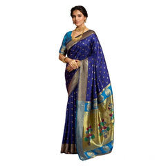 Mayawye Women's Silk Blend Zari Woven Saree With Unstitched Blouse 5.5Mtr (Navy)
