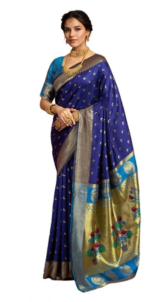 Mayawye Women's Silk Blend Zari Woven Saree With Unstitched Blouse 5.5Mtr (Navy)